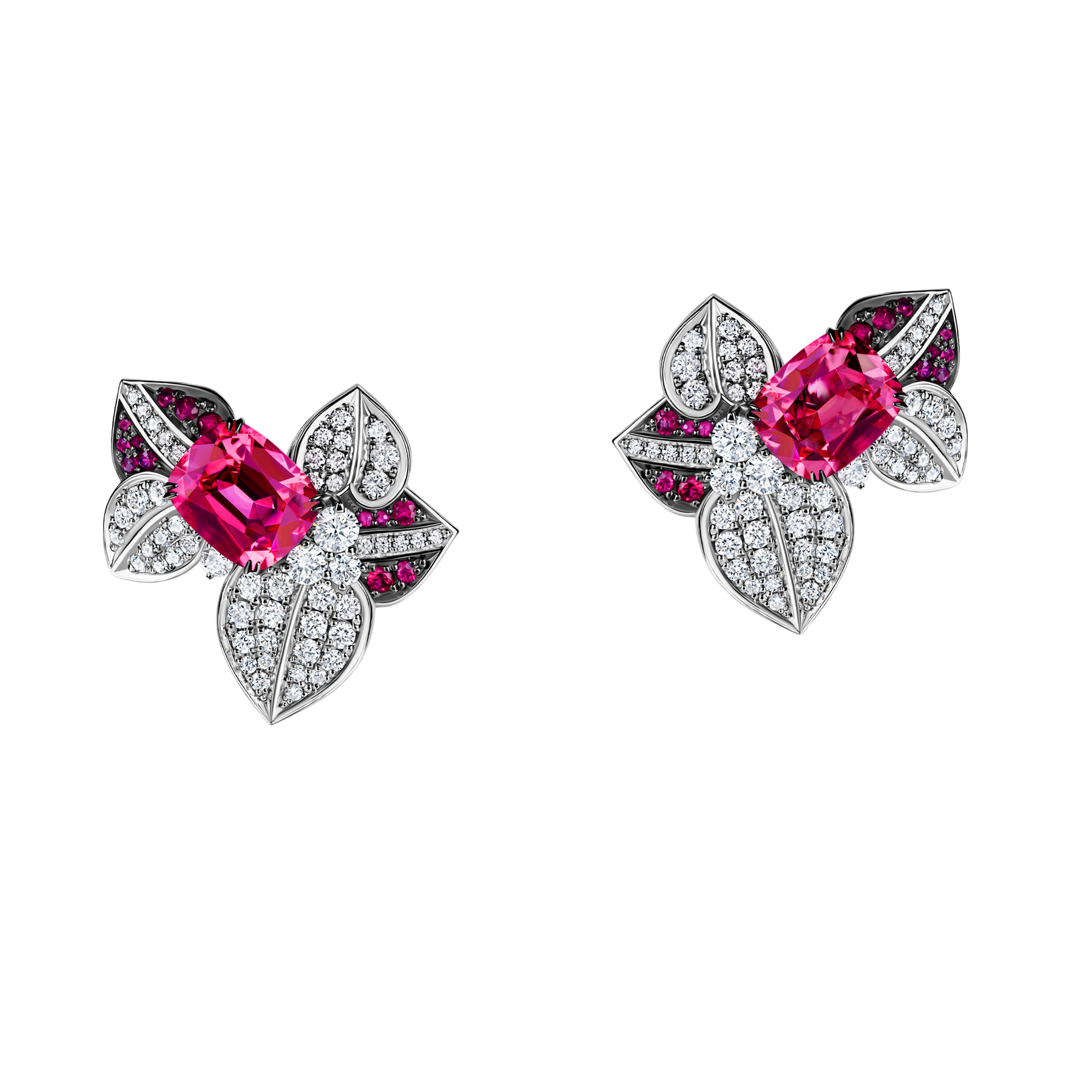 Серьги со шпинелью, рубинами и бриллиантами, белое золото
