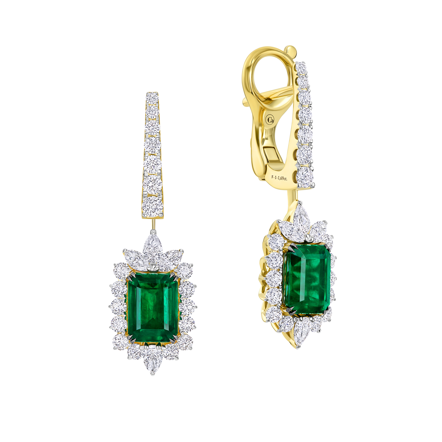 Серьги с изумрудами и бриллиантами, желтое золото