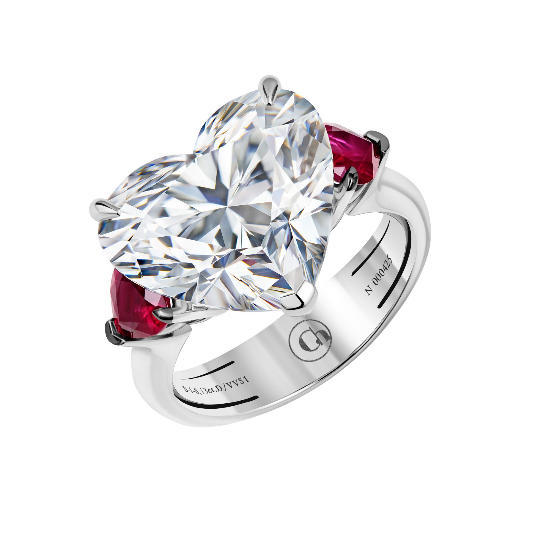 Кольцо с бриллиантом и рубинами, белое золото