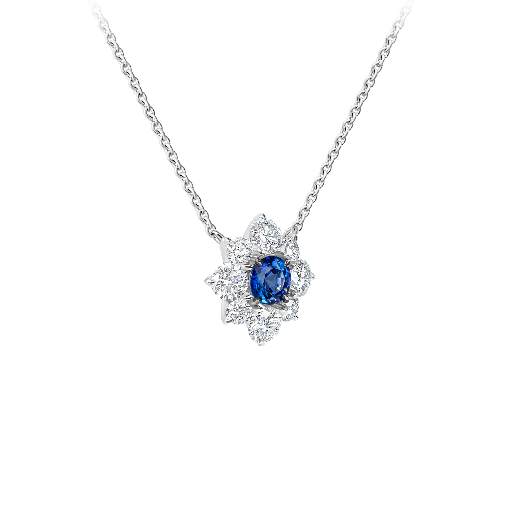 Колье с сапфиром и бриллиантами, белое золото