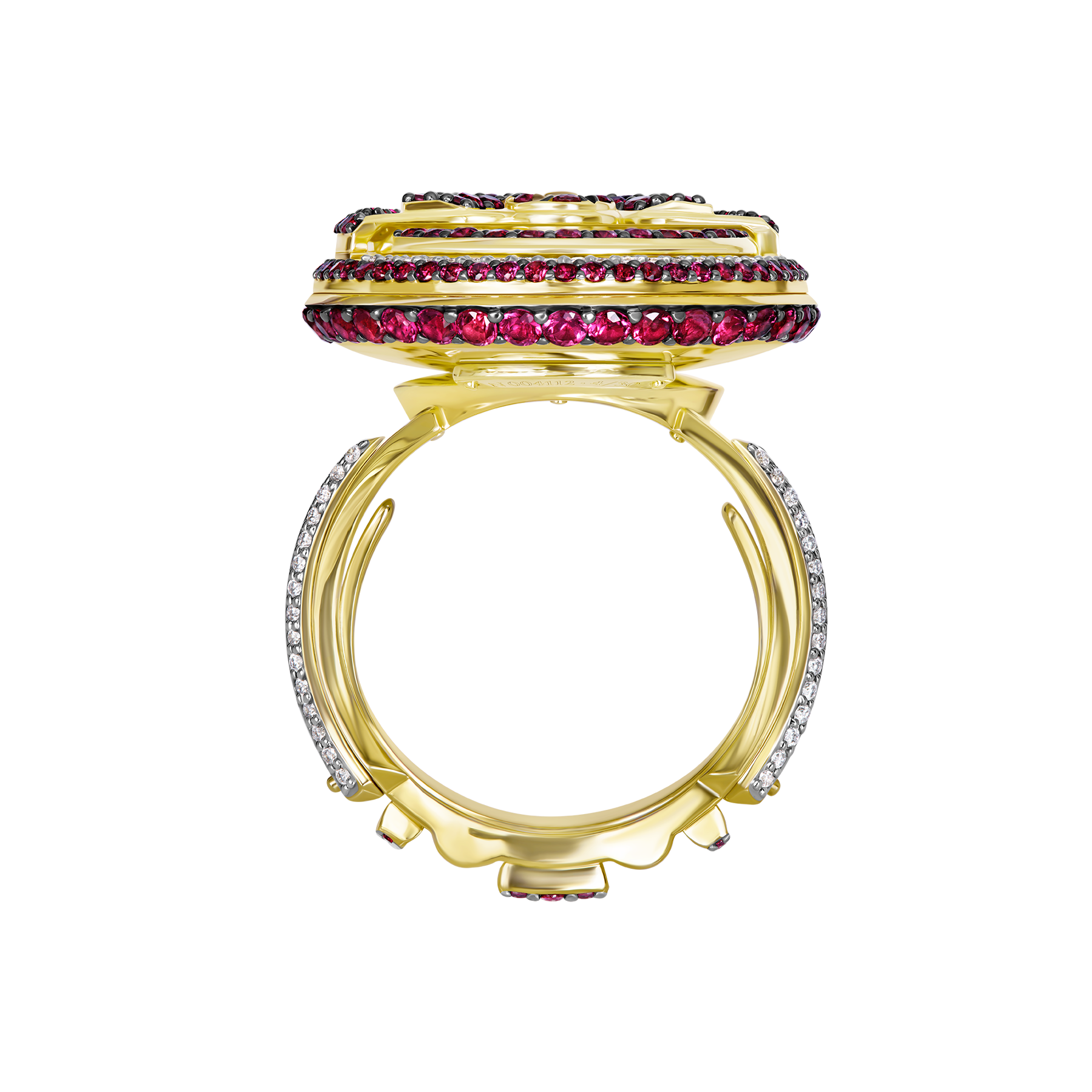 Кольцо с бриллиантами, рубинами и сапфирами, желтое золото, н.керамика