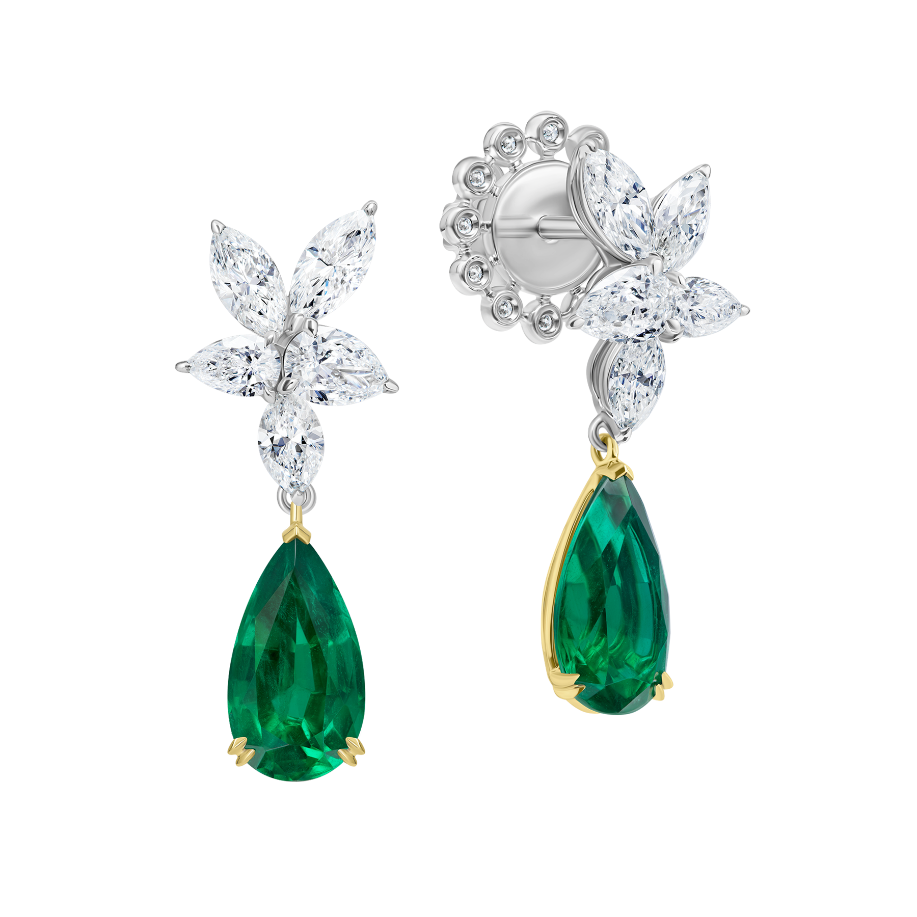 Серьги с изумрудами и бриллиантами, белое и желтое золото