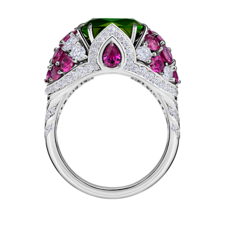 Кольцо с турмалином, бриллиантами и рубинами, белое золото 3