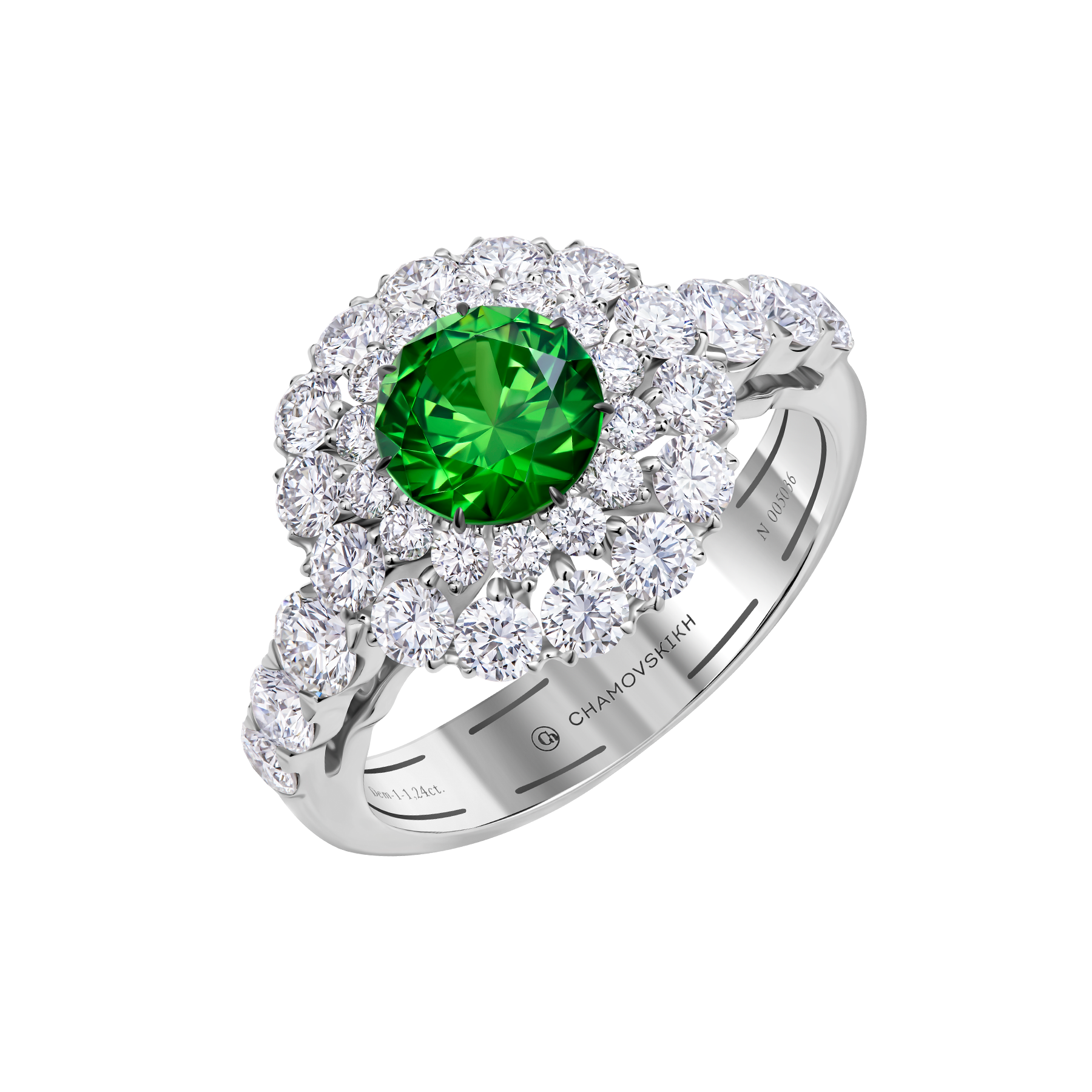 Кольцо с демантоидом и бриллиантами, белое золото