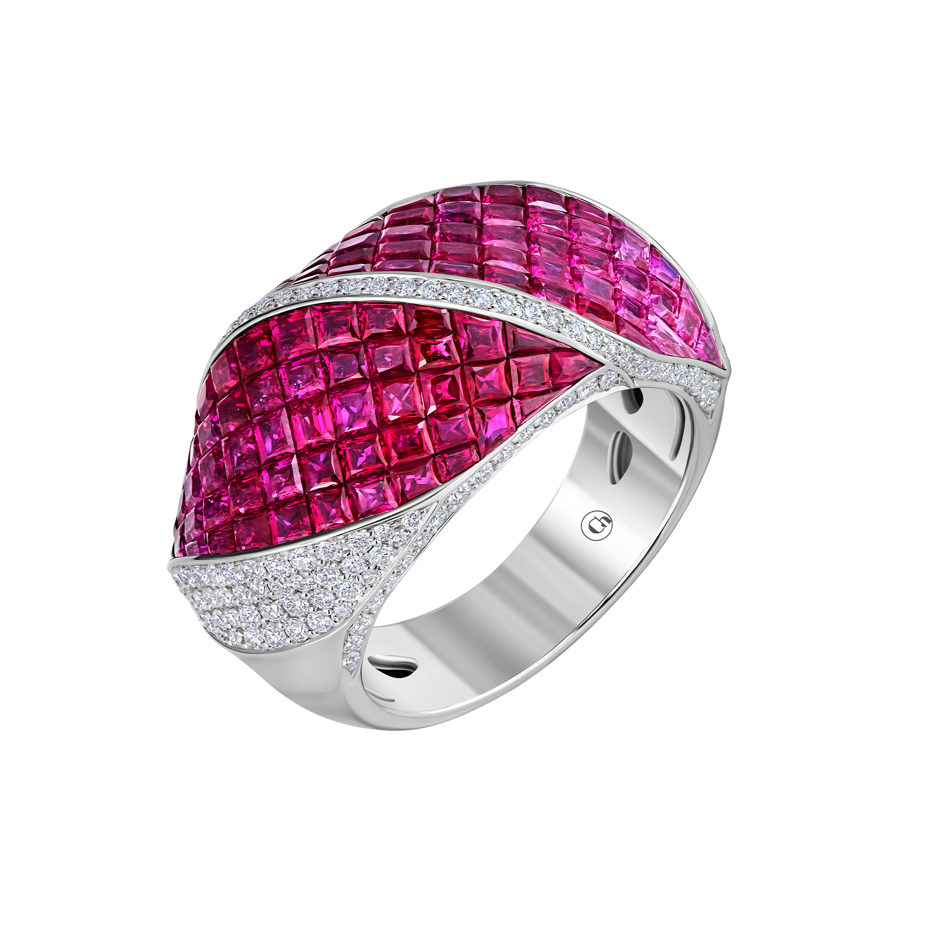 Кольцо с рубинами и бриллиантами, белое золото