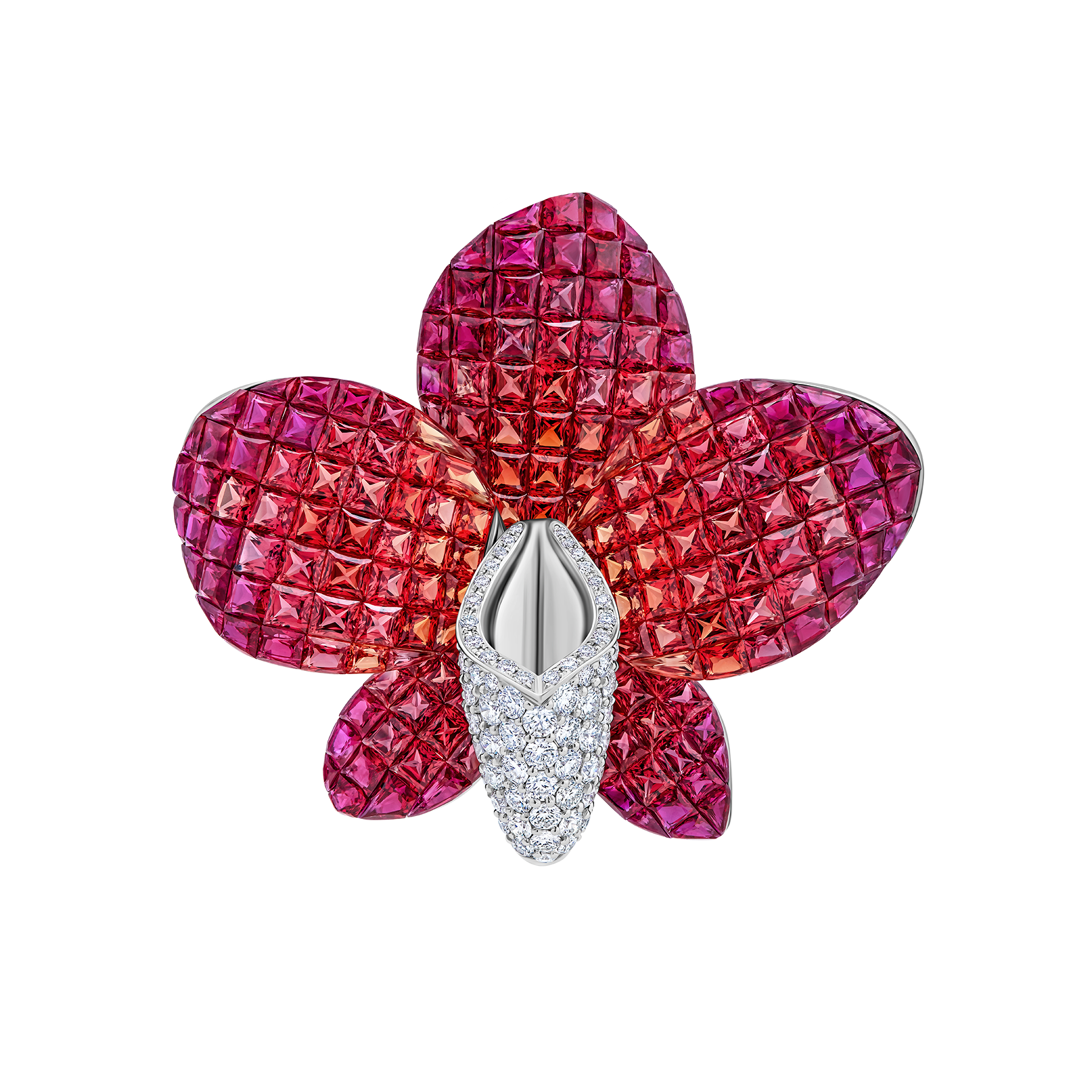 Брошь с рубинами, цветными сапфирами и бриллиантами, белое золото