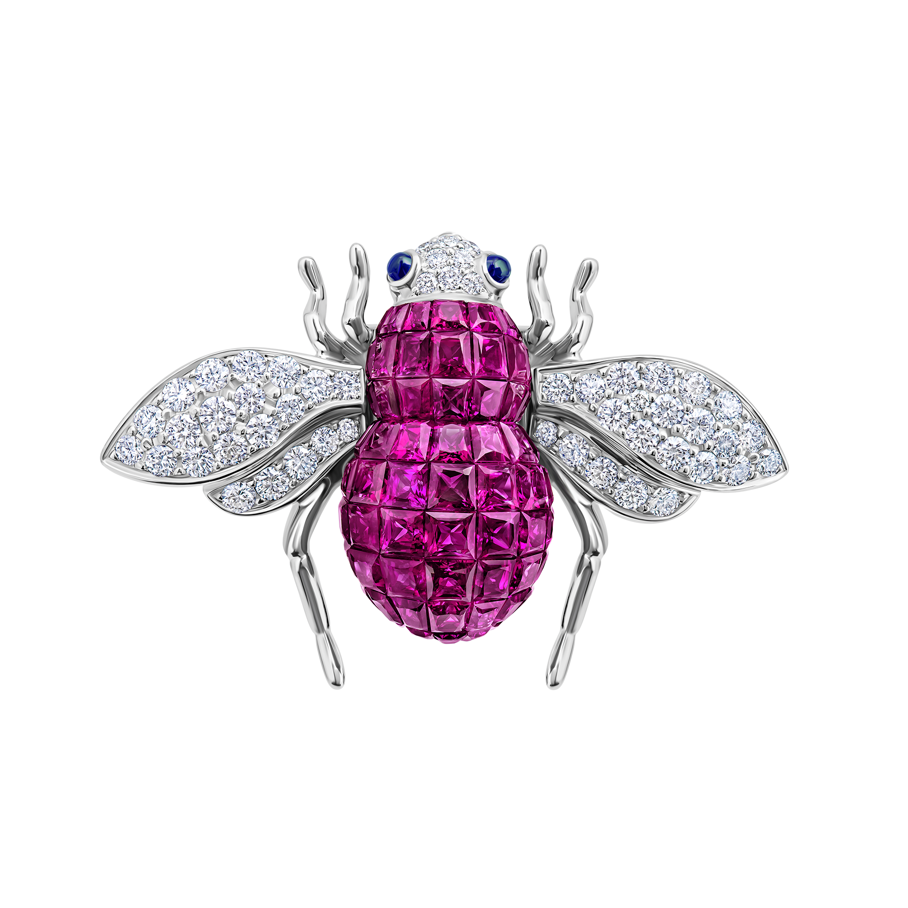 Брошь с рубинами, сапфирами и бриллиантами, белое золото