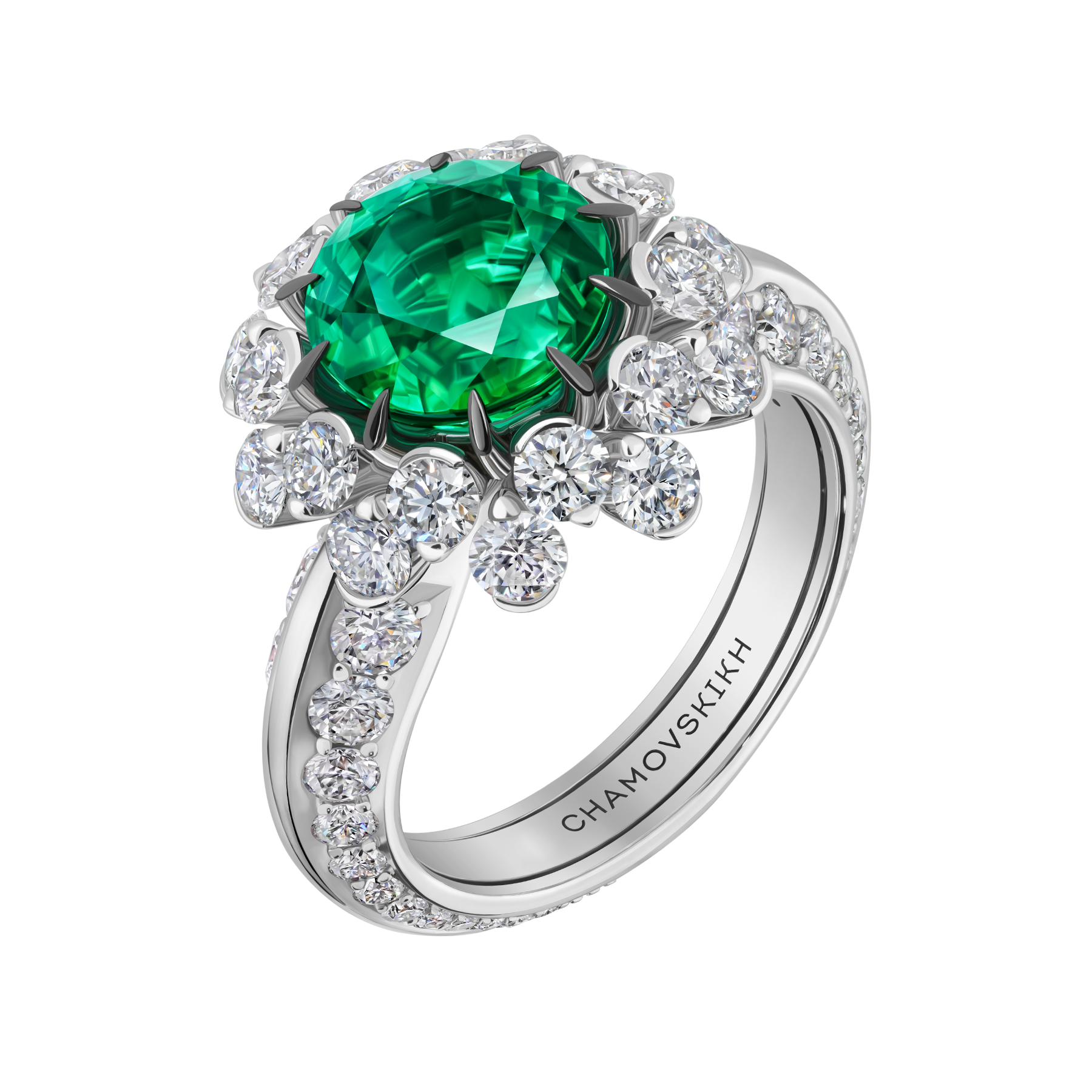 Кольцо с изумрудом и бриллиантами, белое золото