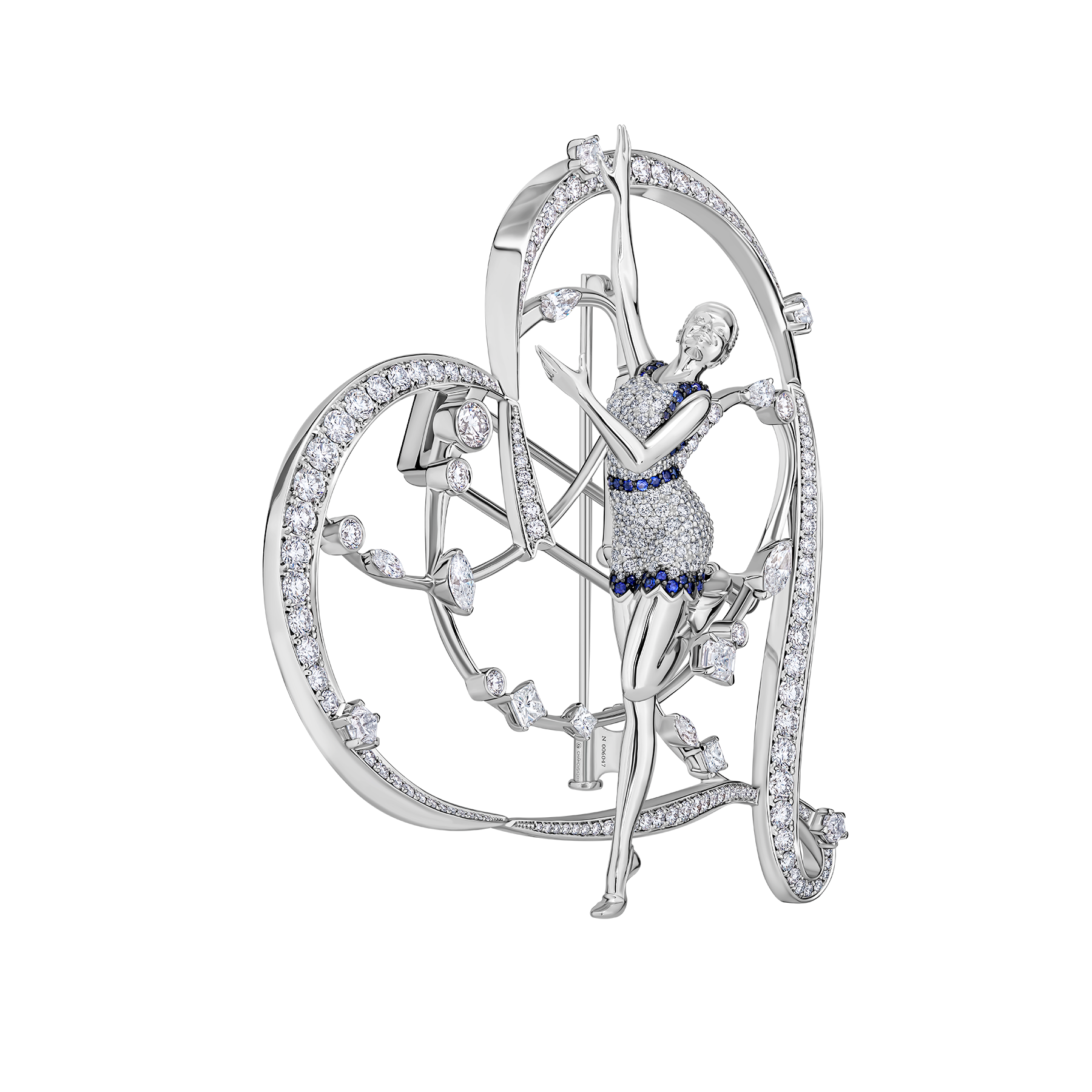 Брошь с сапфирами, рубинами и бриллиантами, белое золото