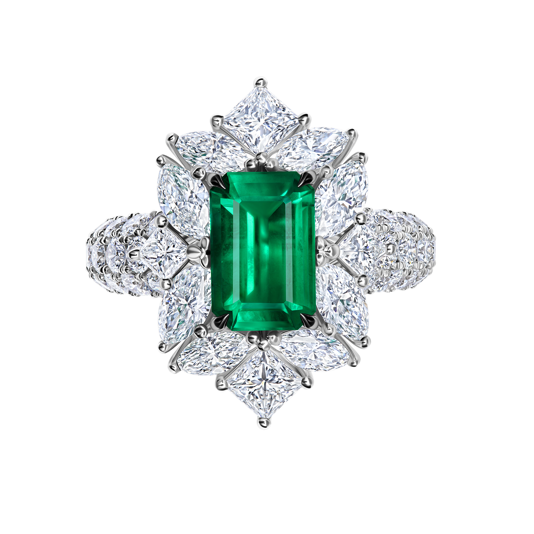 Кольцо с изумрудом и бриллиантами, белое золото