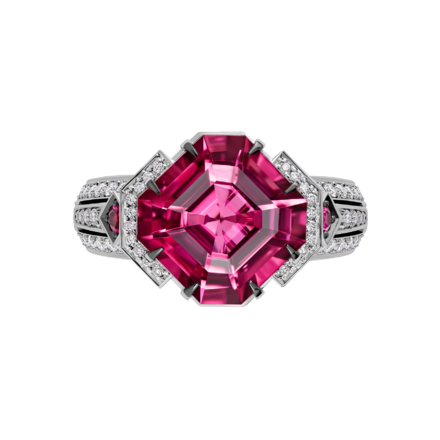 Кольцо с турмалином рубеллитом, рубинами и бриллиантами, белое золото 2