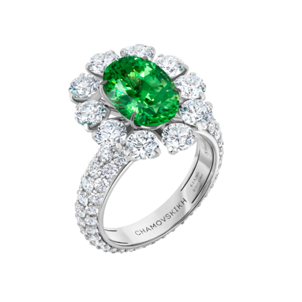 Кольцо с тсаворитом и бриллиантами, белое золото 2