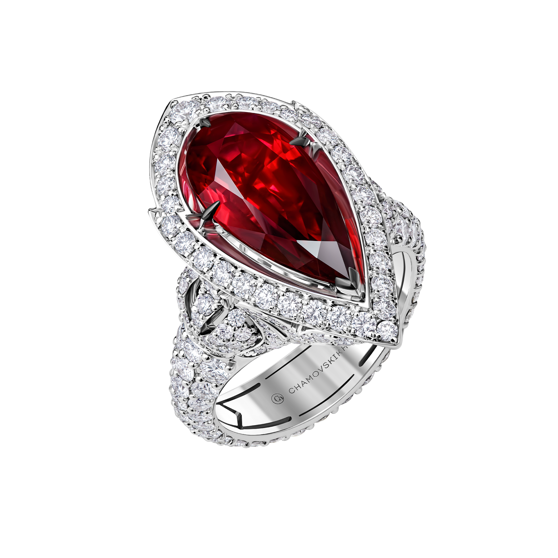 Кольцо с рубинами и бриллиантами, белое золото