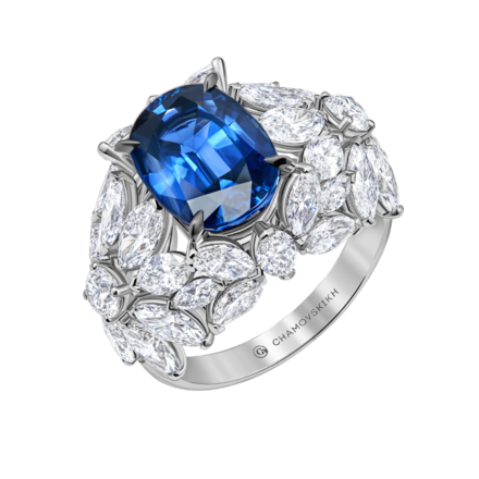 Кольц с сапфиром и бриллиантами, белое золото