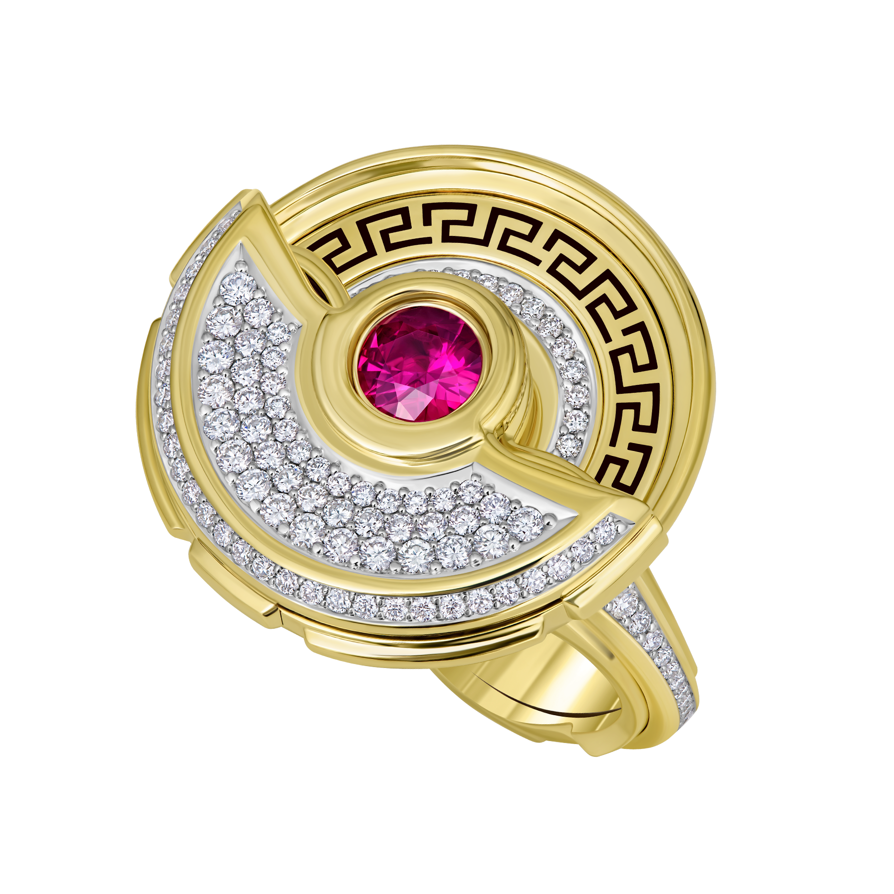 Кольцо с рубинами и бриллиантами, желтое золото