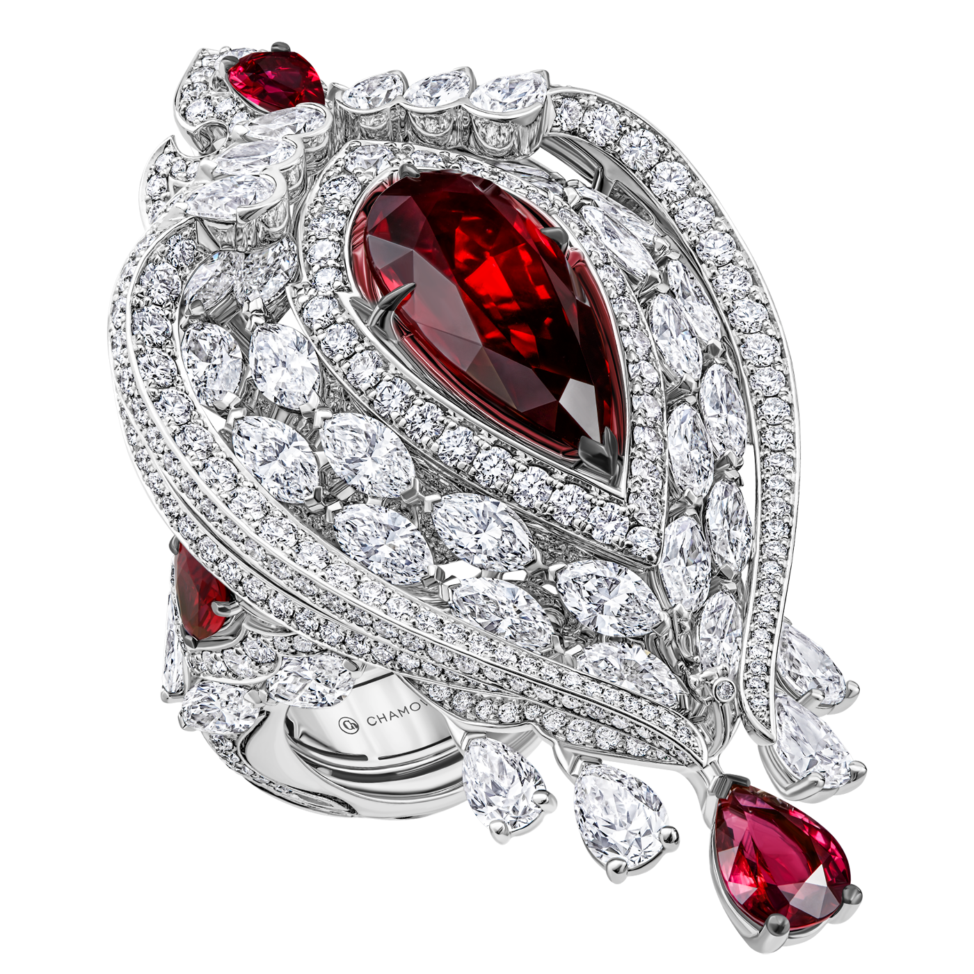 Кольцо с рубинами и бриллиантами, белое золото