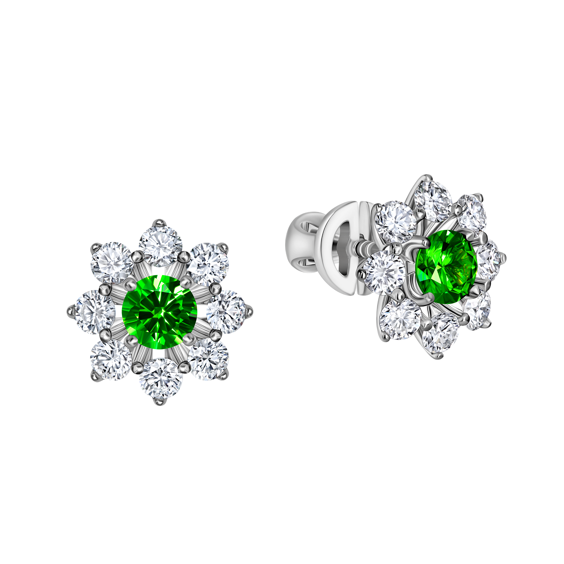 Пусеты с демантоидами и бриллиантами, белое золото