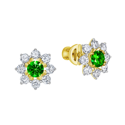 Пусеты с демантоидами и бриллиантами, желтое золото