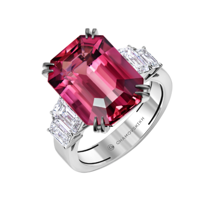 Кольцо с турмалином рубеллитом и бриллиантами, белое золото