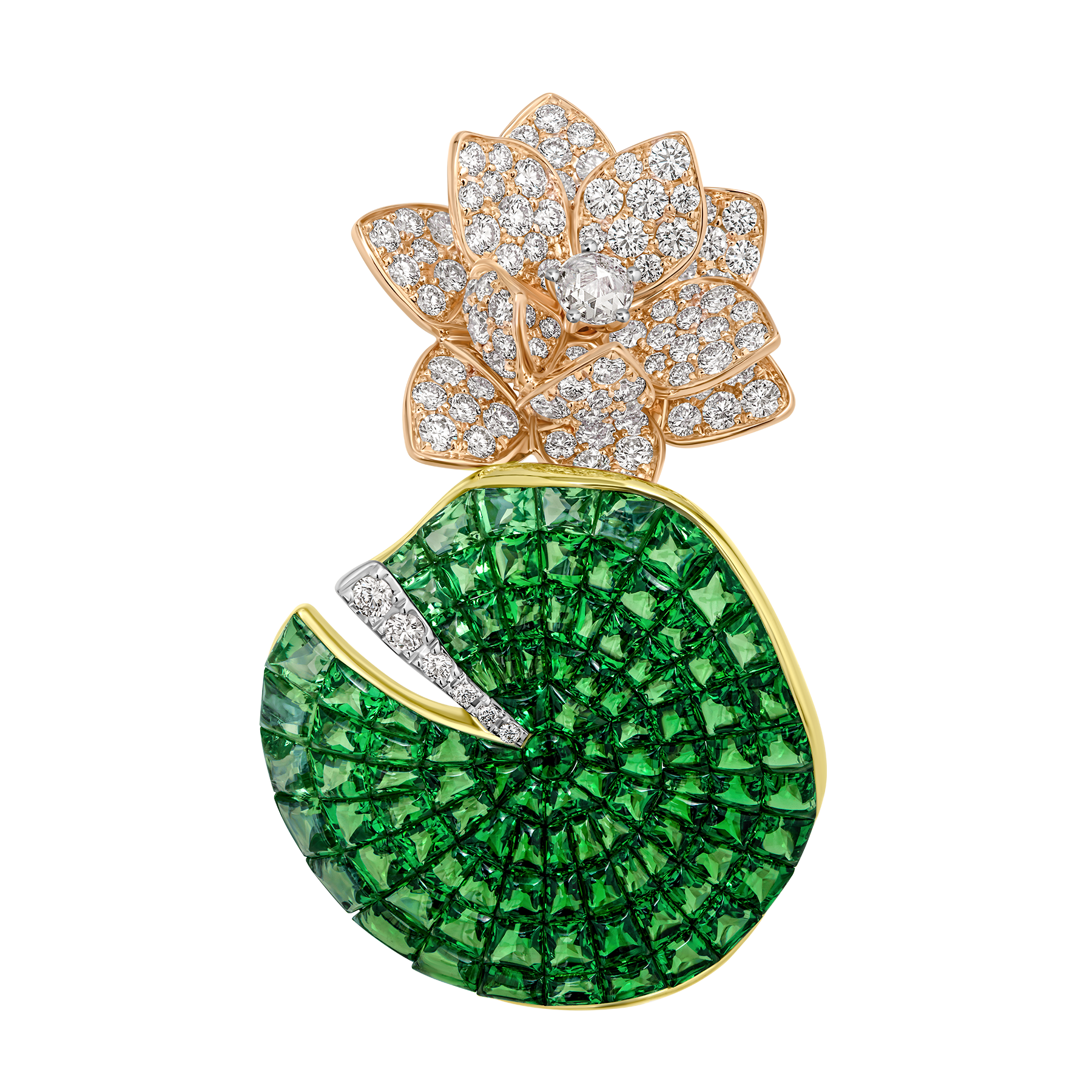 Кольцо с тсаворитами и бриллиантами, желтое золото