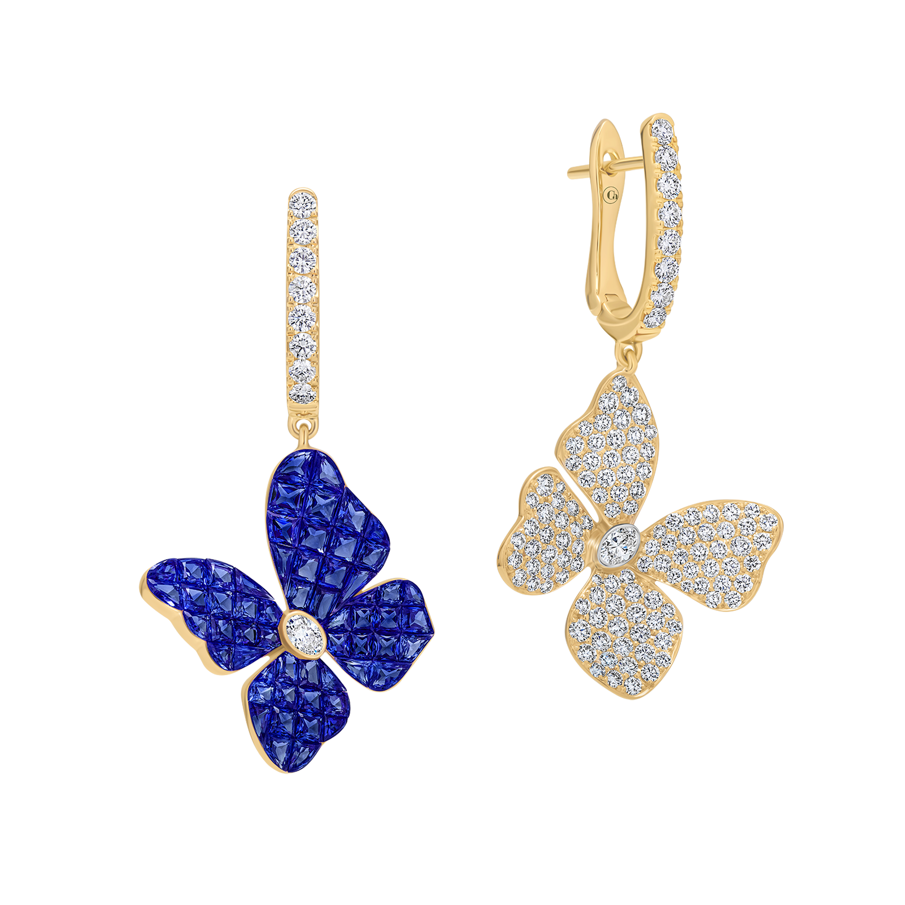 Серьги с сапфирами и бриллиантами, желтое золото