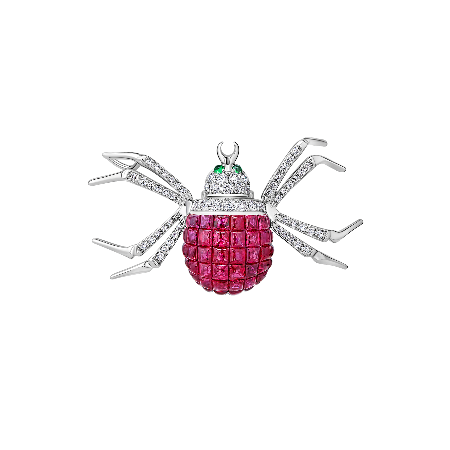 Брошь с рубинами, бриллиантами и тсаворитами, белое золото