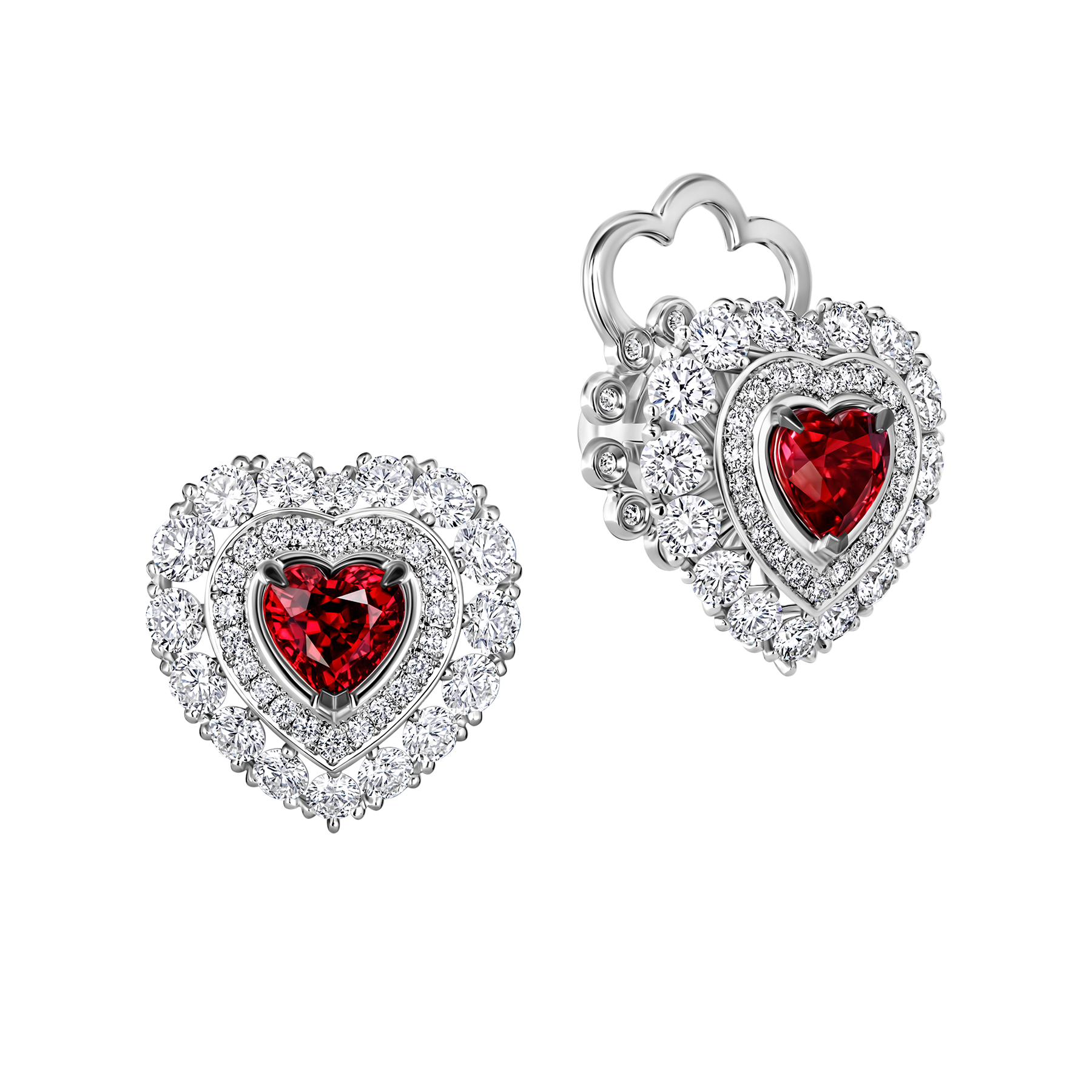 Пусеты с рубинами и бриллиантами, белое золото