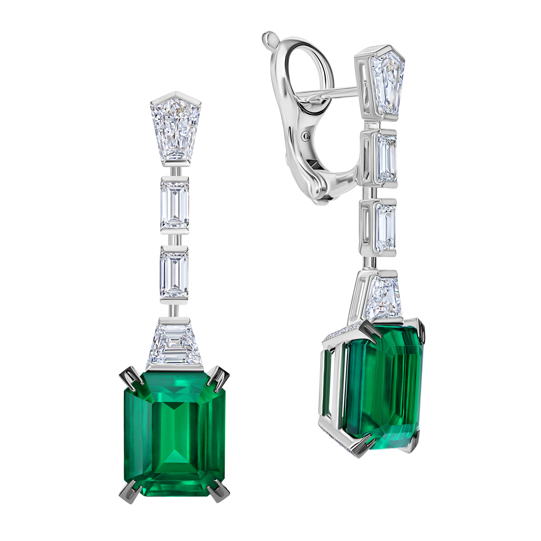 Серьги с изумрудами и бриллиантами, белое золото