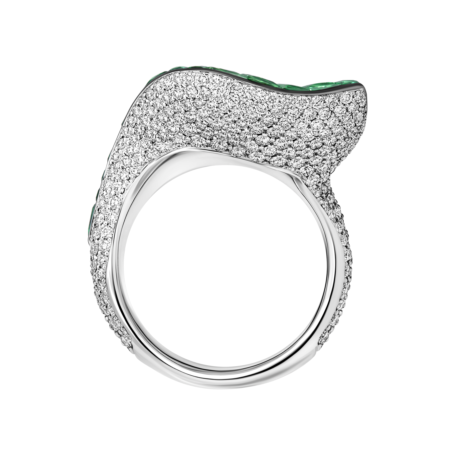 Кольцо с тсаворитами и бриллиантами, белое золото