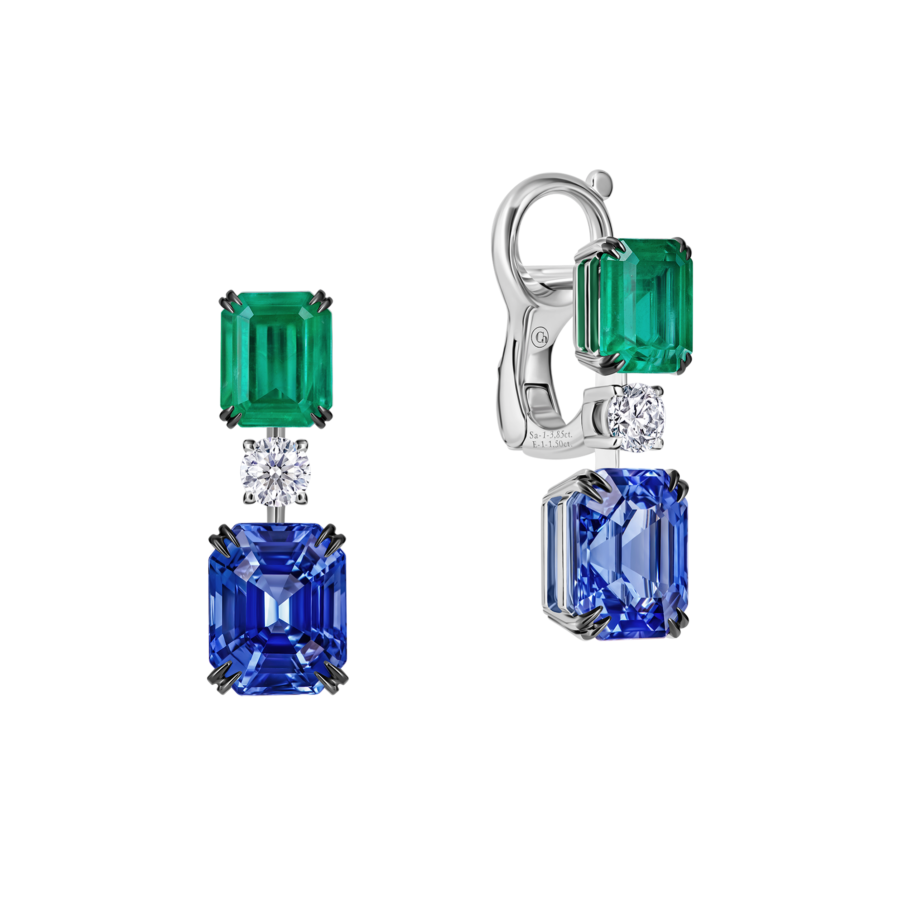 Серьги с сапфирами, изумрудами и бриллиантами, белое золото