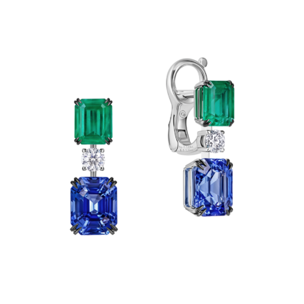 Серьги с сапфирами, изумрудами и бриллиантами, белое золото