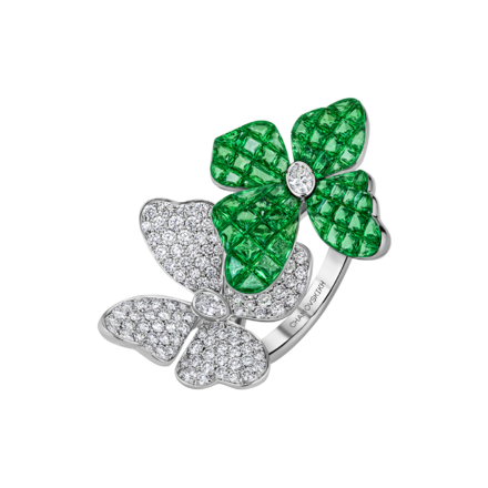 Кольцо с тсаворитами и бриллиантами, белое золото