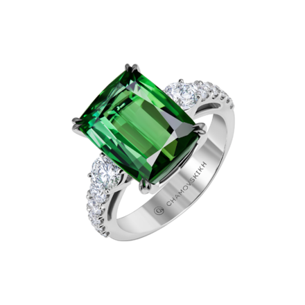 Кольцо с турмалином верделитом и бриллиантами, белое золото