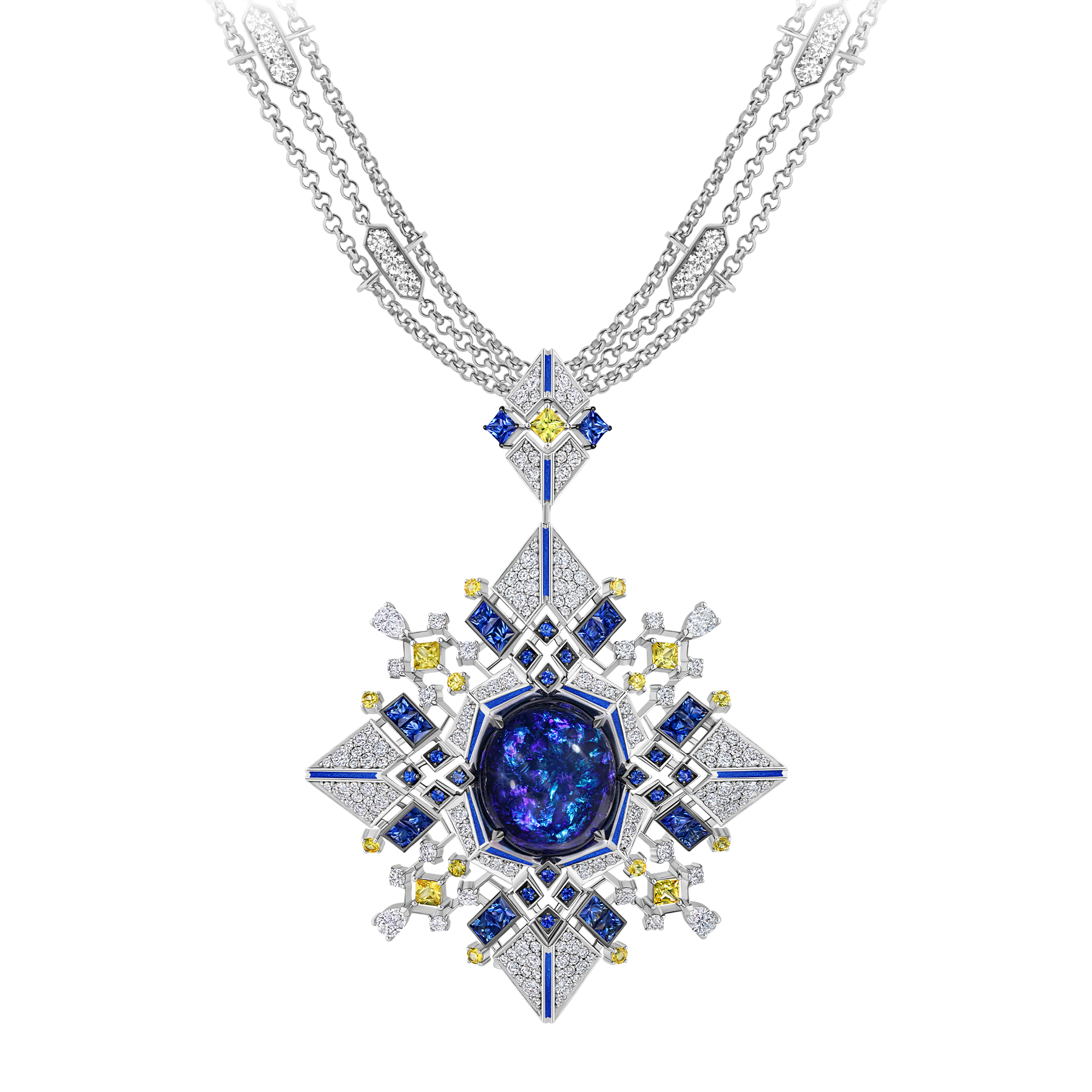 Подвес-брошь с опалом, сапфирами, бриллиантами и желтыми сапфирами, белое золото, нанокерамика