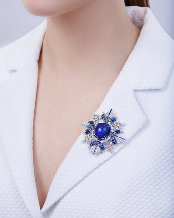 Подвес-брошь с опалом, сапфирами, бриллиантами и желтыми сапфирами, белое золото, нанокерамика 3