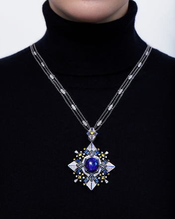 Подвес-брошь с опалом, сапфирами, бриллиантами и желтыми сапфирами, белое золото, нанокерамика 4