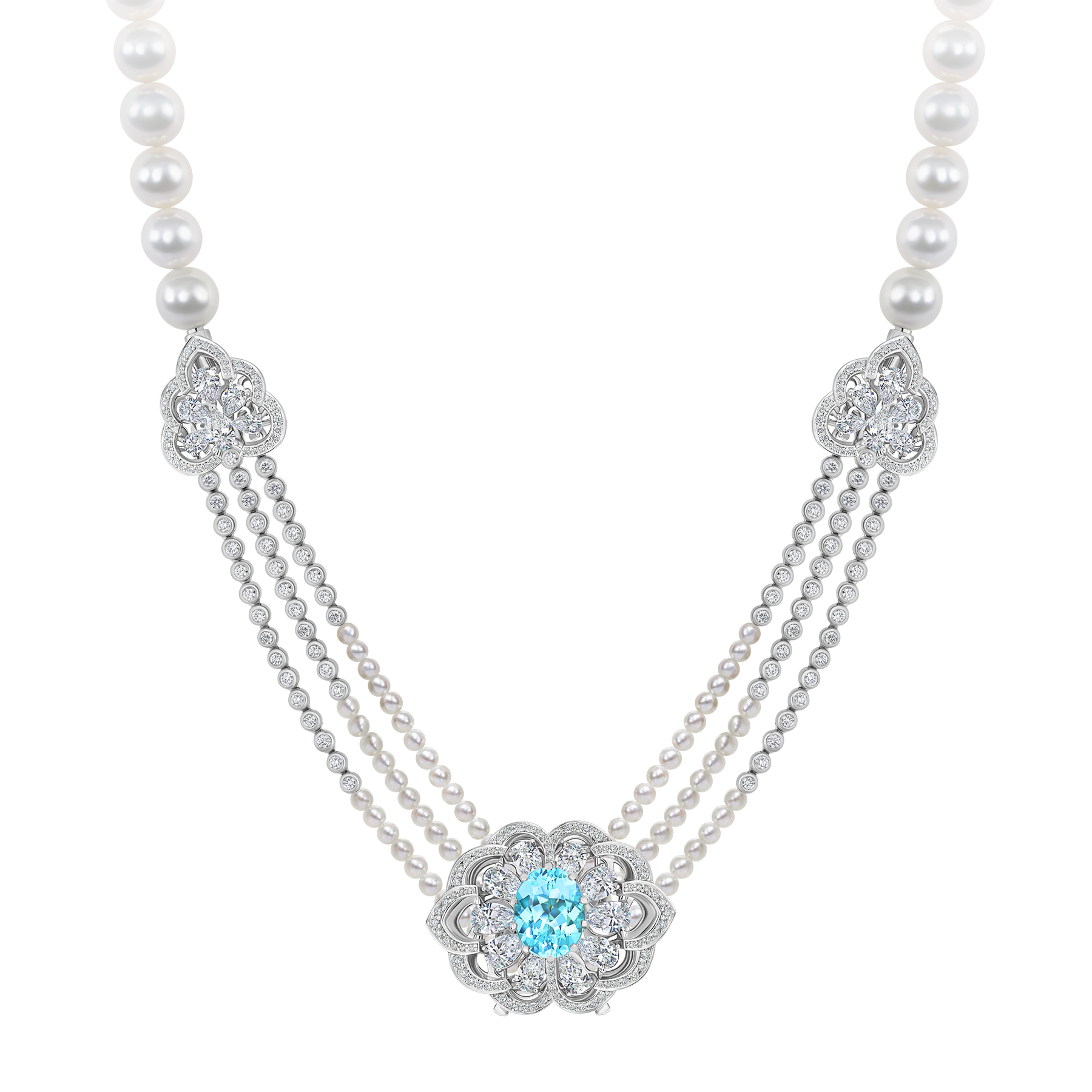 Подвес-брошь с турмалином параиба, бриллиантами и жемчугом, белое золото