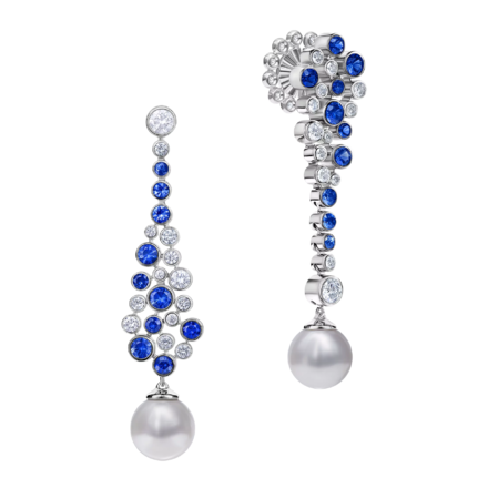 Пусеты с жемчугом, бриллиантами и сапфирами, белое золото