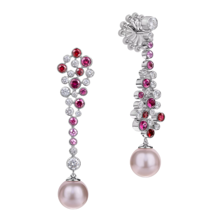 Пусеты с бриллиантами, розовыми сапфирами и рубинами, жемчуг культивированный, белое золото 2