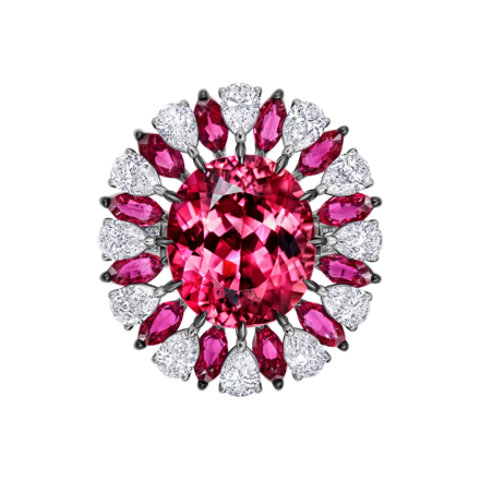 Кольцо с турмалином рубеллит, бриллиантами и рубинами, белое золото 2