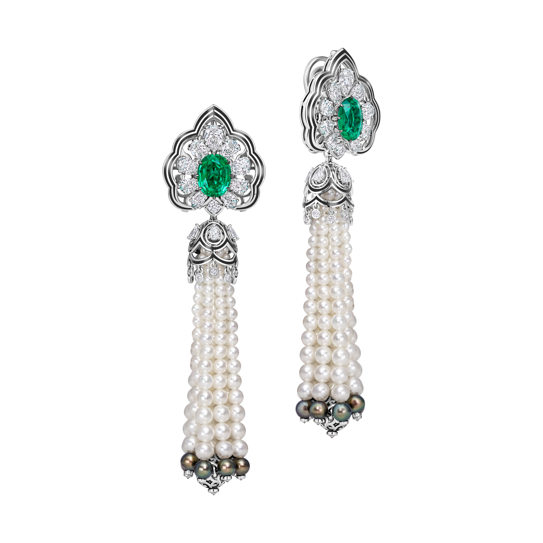 Серьги с изумрудами, бриллиантами и жемчугом, белое золото