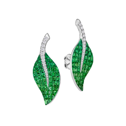 Пусеты с тсаворитами и бриллиантами, белое золото