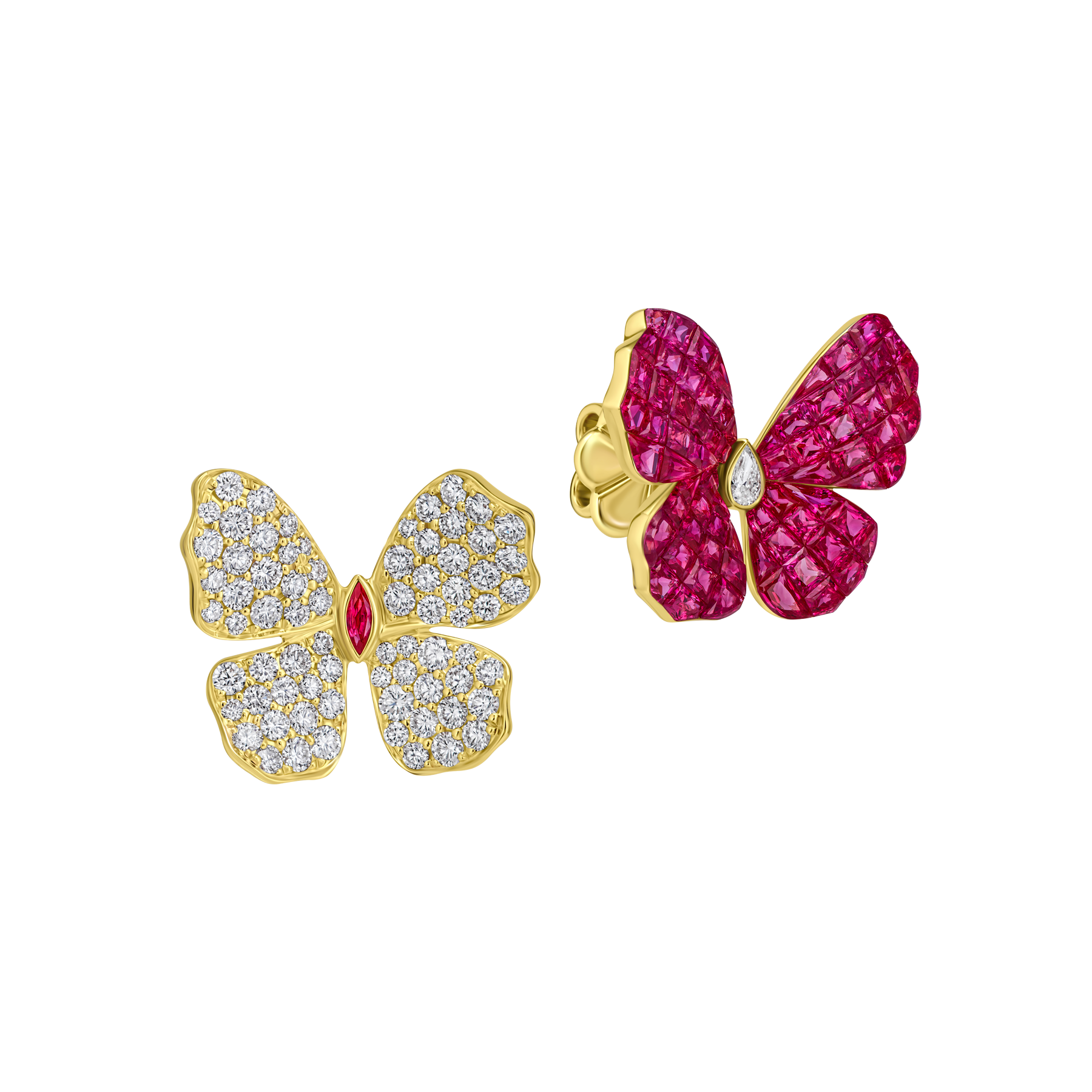 Серьги с рубинами и бриллиантами, желтое золото