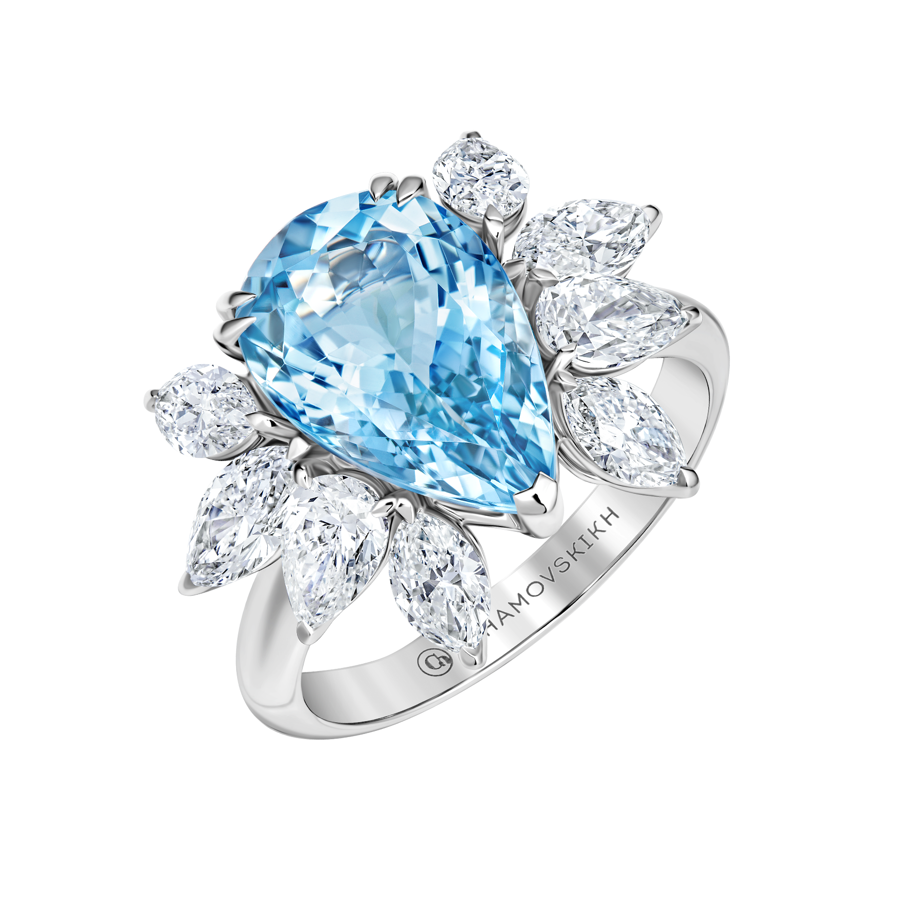 Кольцо с аквамарином и бриллиантами, белое золото