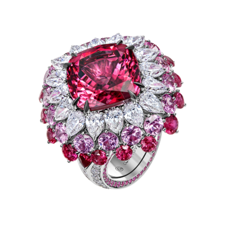 Кольцо с турмалином рубеллитом, рубинами, розовыми сапфирами и бриллиантами, белое золото