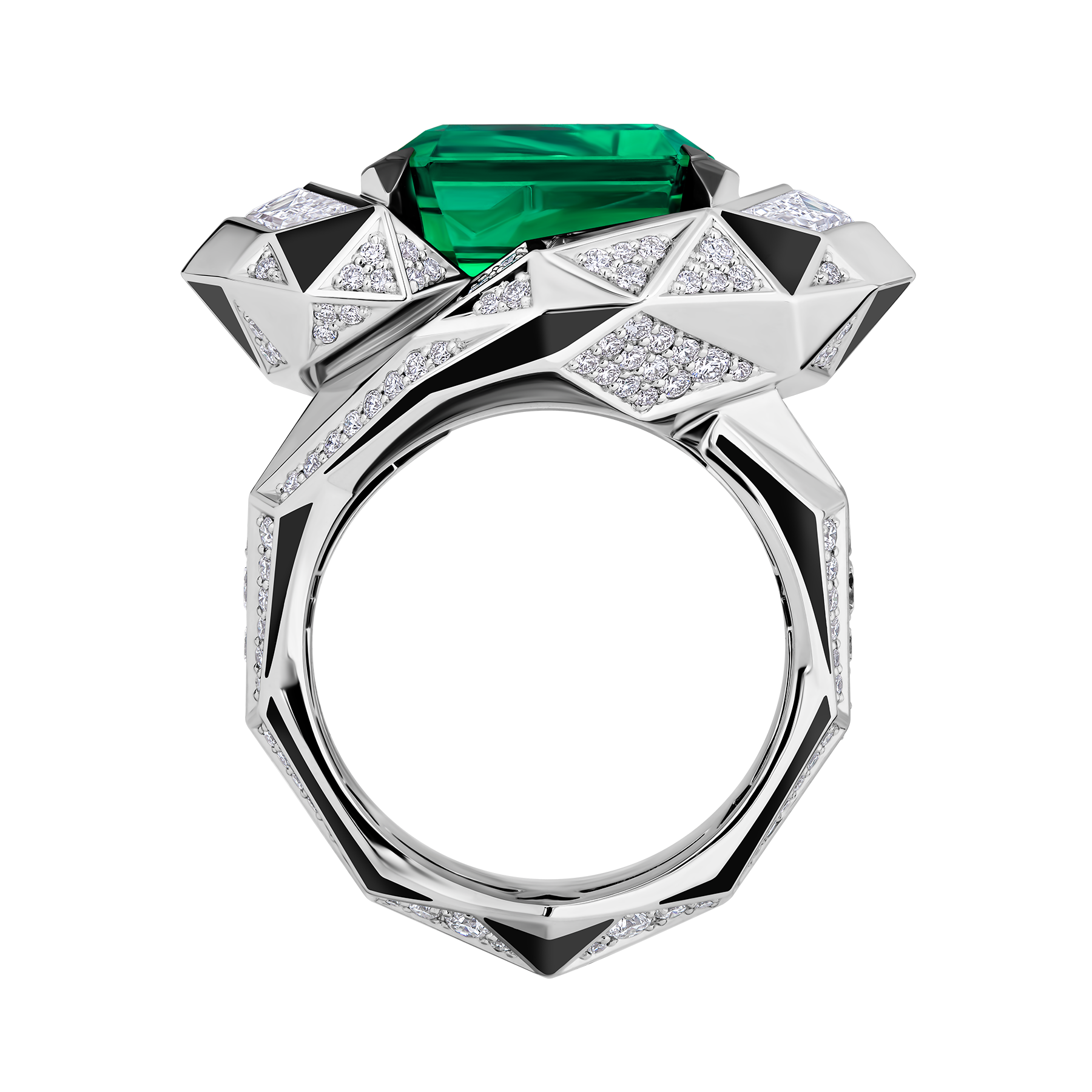 Кольцо с изумрудом и бриллиантами, белое золото