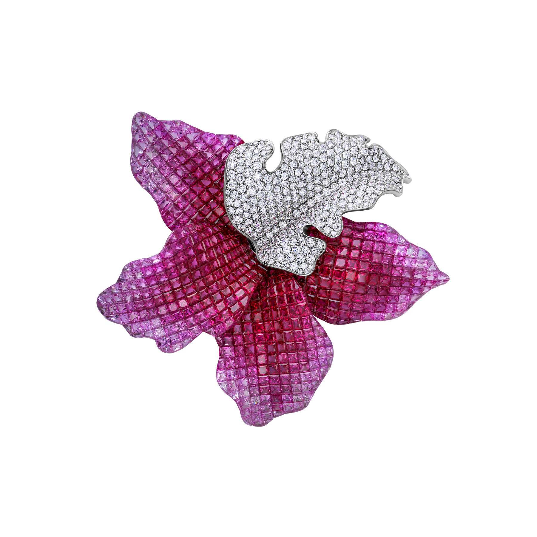 Брошь с рубинами, розовыми сапфирами и бриллиантами, белое золото