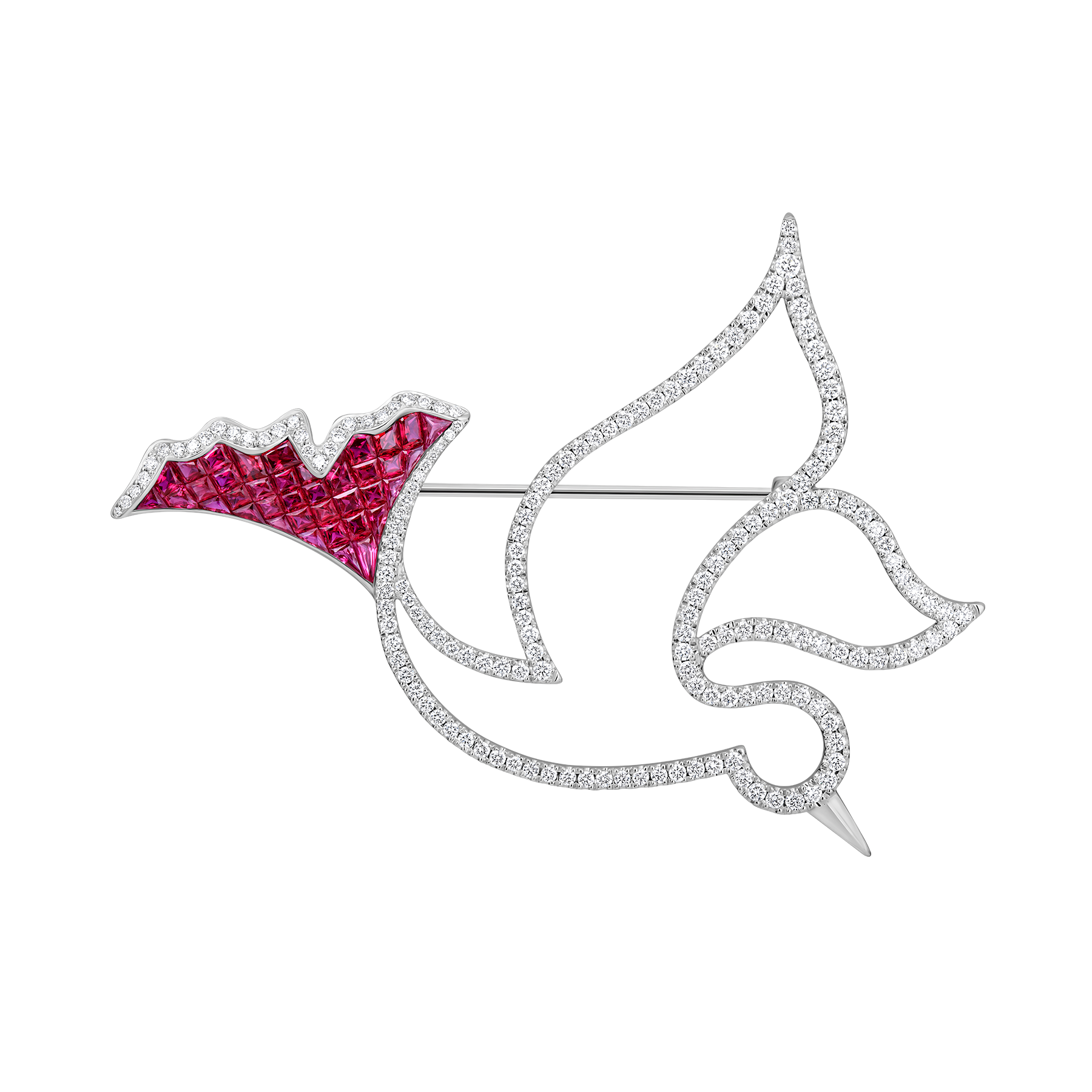 Брошь с рубинами и бриллиантами, белое золото