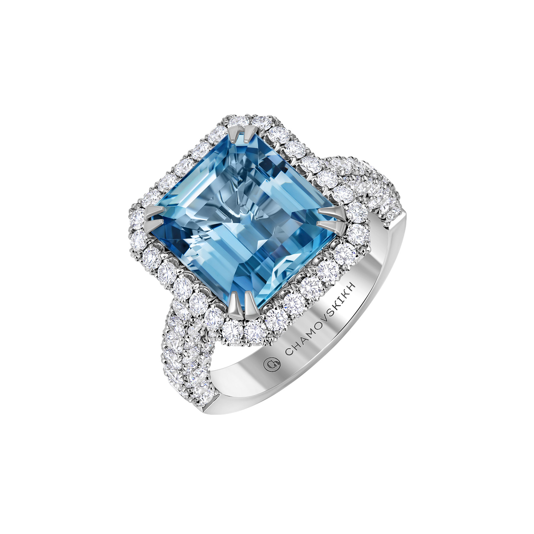 Кольцо с аквамарином и бриллиантами, белое золото