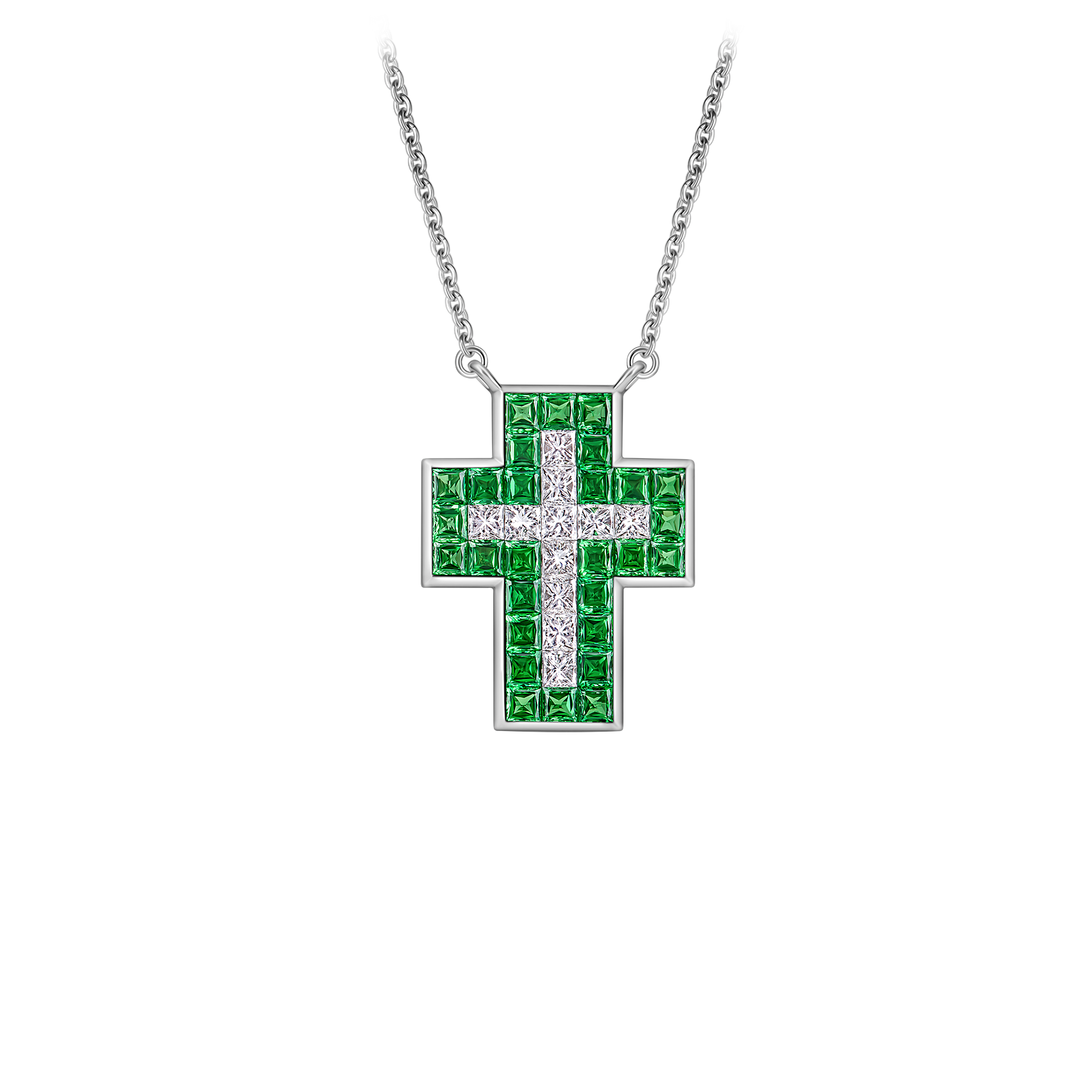 Колье с тсаворитами и бриллиантами, белое золото